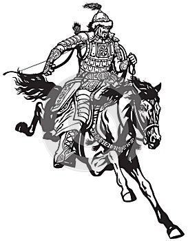 Mongolian archer warrior on a horseback. Black and white