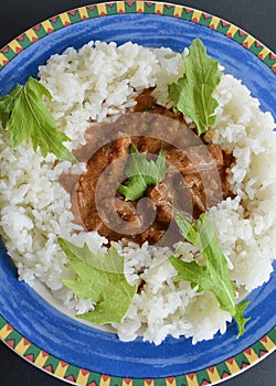 Mongolian beef with jasmine riceo n a plate