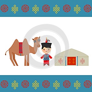 Mongolian boy in national costume, camel. Architecture of Mongolia traditional dwellings, such as the yurt and the tent. covered