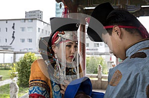 Mongolian couple in traditional outfit