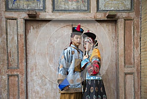 Mongolian couple in traditional outfit