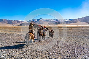 Mongolian Eagle Hunter in tradition clothes on horseback