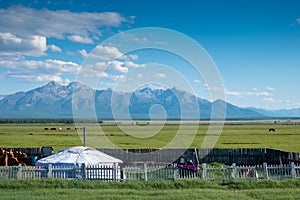 Mongolian ger with mountains photo
