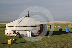 A Mongolian ger (tent) in the evening silence of the huge steppe, Tuv province, Central Mongolia.