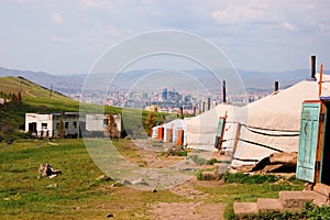 Mongolian ger tents in the hills above Ulan Bator