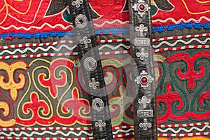 Mongolian horse harness and handicrafts selling on the market.