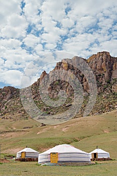 Mongolian jurts at mountain foot