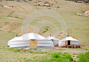 Mongolian jurts at mountain foot