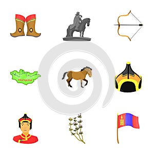 Mongolian national characteristics. Icons set about Mongolia.Clothing, soldiers, equipment. Mongolia icon in set