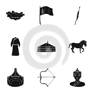 Mongolian national characteristics. Icons set about Mongolia.Clothing, soldiers, equipment. Mongolia icon in set