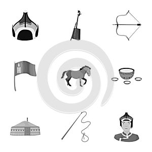 Mongolian national characteristics. Icons set about Mongolia. Clothing, soldiers, equipment. Mongolia icon in set
