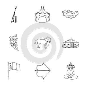 Mongolian national characteristics. Icons set about Mongolia.Clothing, soldiers, equipment. Mongolia icon in set