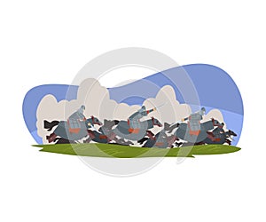 Mongolian Nomad, Asian Warriors Riding Horses and Fighting with Swords Vector Illustration