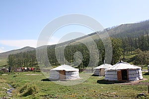 Mongolian tents (gers) in the Bogd Khaan valley, Tuv, Mongolia.