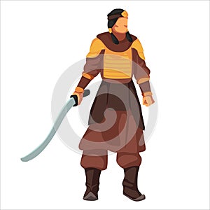 Mongolian warrior in ancient armor with a sword in hand, vector