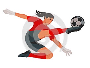 Mongolian women's football girl goalkeeper in red sports uniform kicks the ball with her foot