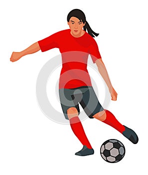 Mongolian women's football girl player in red t-shirt dribbling the ball, vector isolated figure on white background