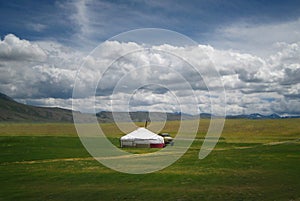 Mongolian yurt, called ger, in a landscape of north-west Mongolia