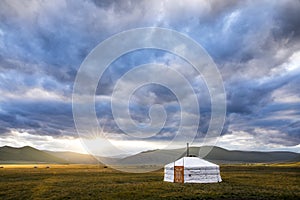 Mongolian yurt, called ger, in a landscape on northern mongolia