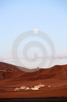 Mongolian yurt and moon, Inner Mongolia, China