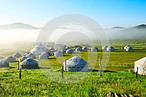 The mongolian yurts on the sunmmer steppe