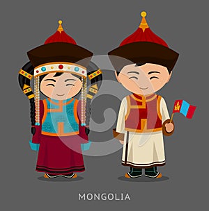 Mongols in national dress with a flag.