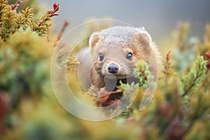 mongoose inspecting a snake hiding in bushes