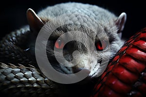 Mongoose Snake. Close-up view of cobra scales wrapped around a mongoose. Epic wildlife moment. Wildlife clash. AI generated.