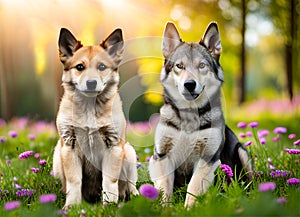 Mongrel dogs sitting together in a meadow
