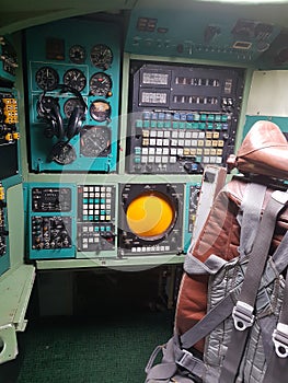 Monino, Russia - 08.08.2018: Cockpit combat aircraft of bombardirovshik