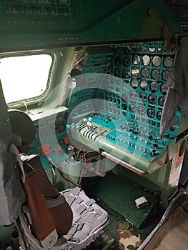 Monino, Russia - 08.08.2018: Cockpit combat aircraft of bombardirovshik