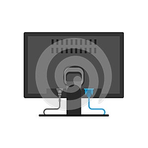 Monitor back view screen computer equipment vector icon. Electronic communication technology work office PC