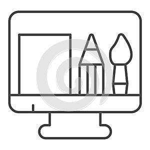 Monitor with brush, pencil and sheet thin line icon, startup concept, tools for web designer sign on white background