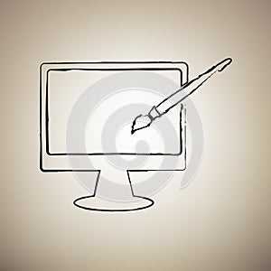 Monitor with brush sign. Vector. Brush drawed black icon at light brown background. Illustration.