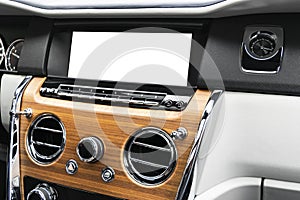 Monitor in car with blank screen use for navigation maps and GPS. on white with clipping path. Car detailing. Ca