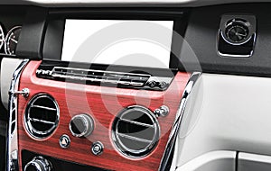 Monitor in car with  blank screen use for navigation maps and GPS.  on white with clipping path. Car detailing. Ca