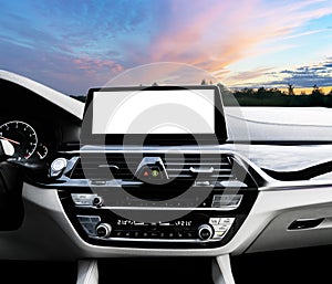 Monitor in car with  blank screen use for navigation maps and GPS.  on white with clipping path. Car detailing. Ca