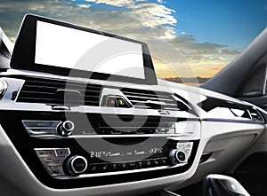 Monitor in car with  blank screen use for navigation maps and GPS.  on white with clipping path. Car detailing. Ca