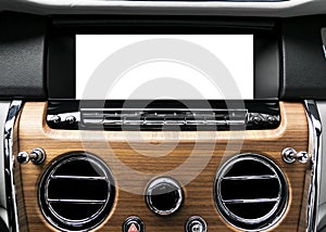 Monitor in car with isolated blank screen use for navigation maps and GPS. Isolated on white with clipping path. Car detailing. Ca