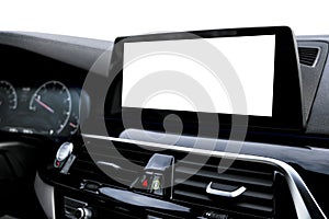 Monitor in car with isolated blank screen use for navigation maps and GPS. Isolated on white with clipping path. Car detailing. Ca