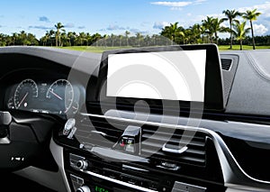 Monitor in car with isolated blank screen use for navigation maps and GPS. Isolated on white with clipping path. Car detailing. Ca