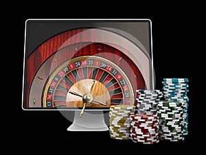 Monitor with casino roulette wheel on screen. Gambling app concepts. 3d illustration.