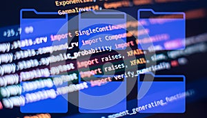 Monitor closeup of function source code. Abstract IT technology background. Software source code.