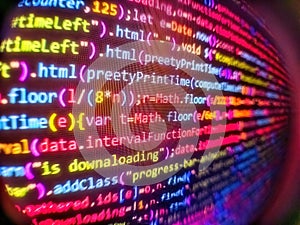 Monitor closeup of function source code. Source code close-up. Abstract screen of web developer. Information technology website