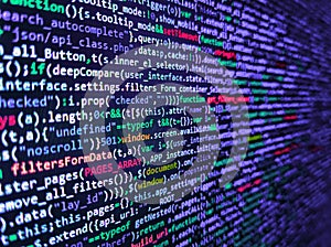 Monitor closeup of function source code. Computer language script code screen. HTML CSS3 source code on lcd screen with black