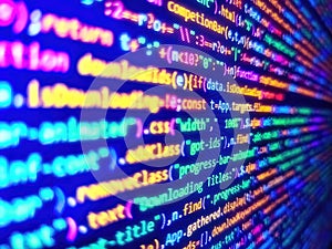 Monitor closeup of function source code. Hi-tech modern screen of data, digits and chars on monitor. Server logs analysis.