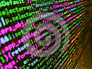 Monitor closeup of function source code. Software abstract background. Concept screen of experienced web developer. Abstract