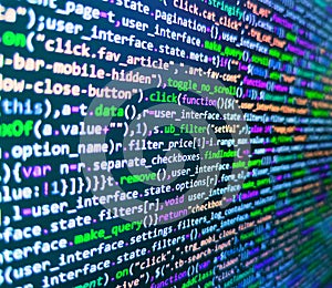 Monitor closeup of function source code. Web or application development, business and technology concept. Software developer