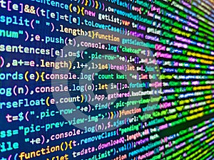 Monitor closeup of function source code. Web development work concept. Computer programming coding screen source script of
