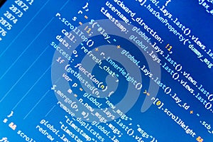 Monitor closeup of function source code. Website programming code. Programming code typing.